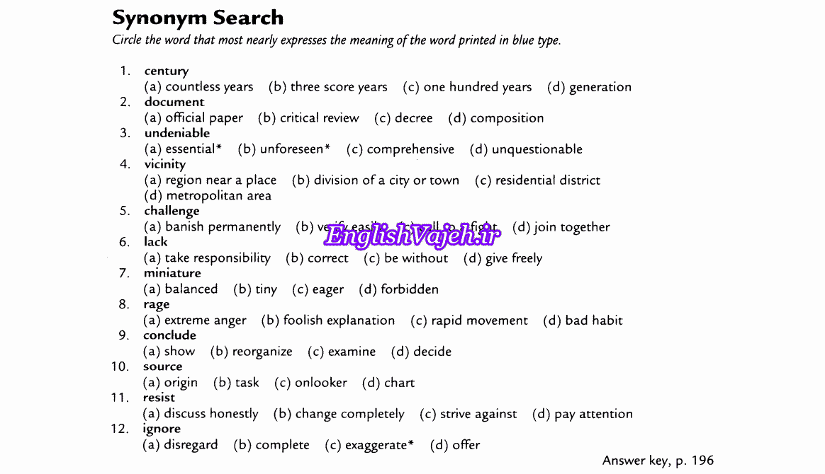 Synonym search - تمرین کتاب 504 واژه کاملاً ضروری